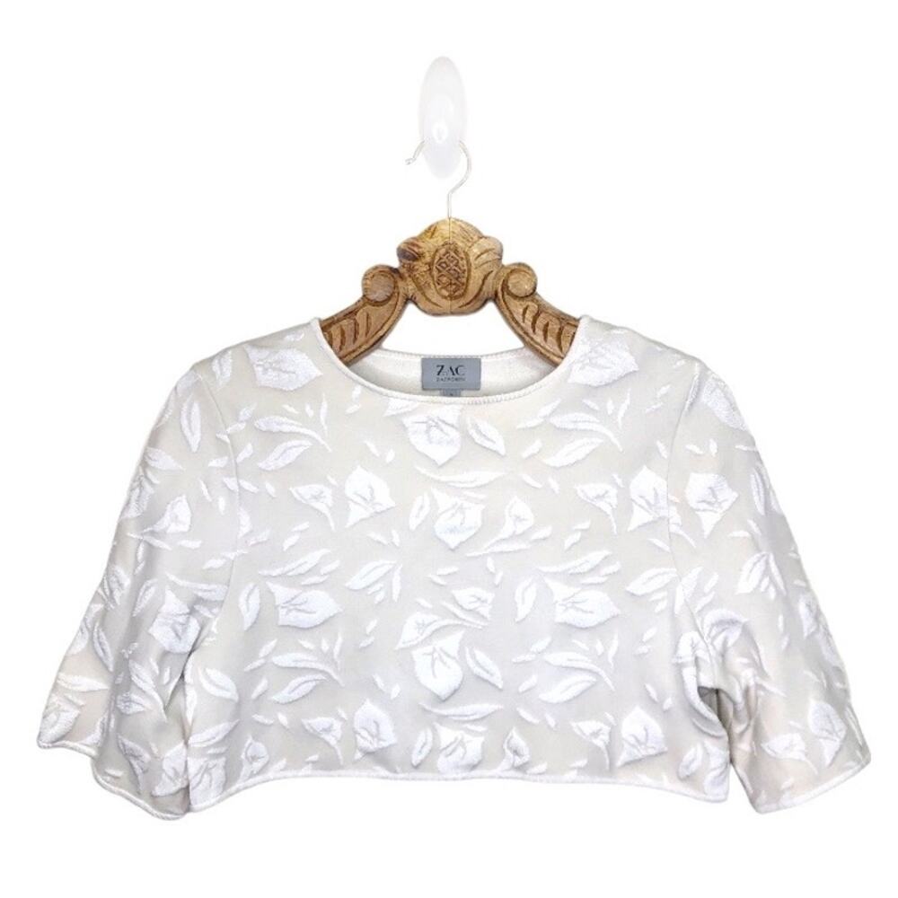Zac Posen Top White Ecru Jacquard Floral Crop Boxy Wide Sleeve Crew Neck Small